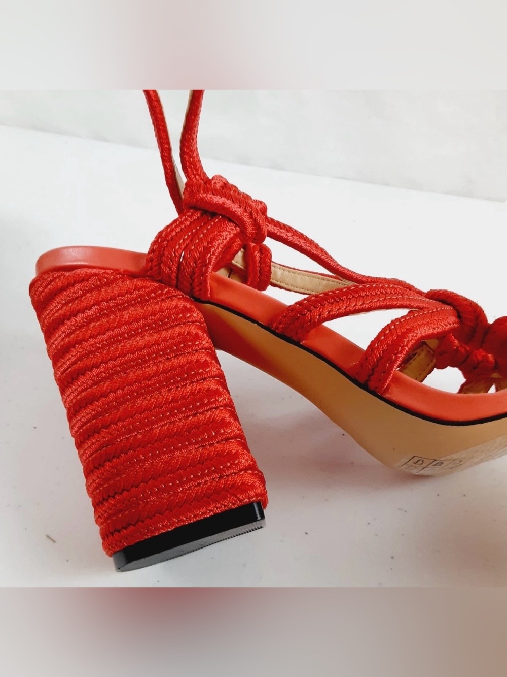 CAbi Tiptoe Sandals Sz 9 M Red Ankle Strap Block Heel Open Toe Knot - Picture 7 of 11